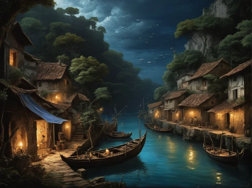 fantasy landscape,fantasy picture,fishing village,monkey island,fantasy art,world digital painting,floating huts,backwater,popeye village,night scene,boat landscape,an island far away landscape,3d fantasy,backwaters,cartoon video game background,myst,fantasy world,the night of kupala,cave on the water,boat harbor,Art,Classical Oil Painting,Classical Oil Painting 21