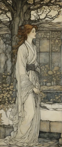 arthur rackham,mucha,kate greenaway,alfons mucha,rusalka,woman at the well,art nouveau,idyll,the magdalene,lilian gish - female,girl in the garden,the sleeping rose,lillian gish - female,dryad,art nouveau design,amano,the blonde in the river,lover's grief,narcissus of the poets,artemisia,Illustration,Retro,Retro 25
