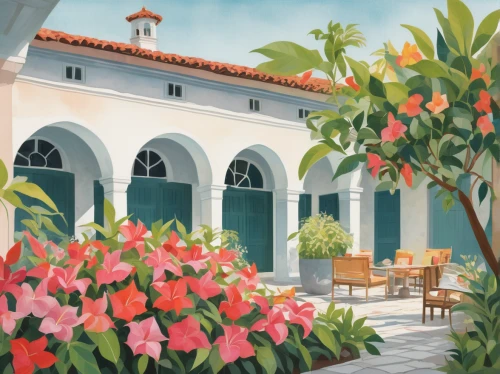church painting,santa barbara,hacienda,watercolor cafe,positano,bougainvilleas,facade painting,watercolor shops,house painting,palmbeach,digital painting,flower painting,portofino,hotel riviera,courtyard,flower shop,palm lilies,fruit market,farmers market,potted plants,Illustration,Vector,Vector 08