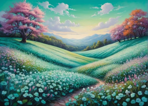 meadow in pastel,meadow landscape,blooming field,salt meadow landscape,purple landscape,landscape background,lavender field,flower field,green meadow,springtime background,flower meadow,clover meadow,flowering meadow,lavender fields,spring meadow,flowers field,mountain meadow,rural landscape,mushroom landscape,green landscape,Illustration,Abstract Fantasy,Abstract Fantasy 11