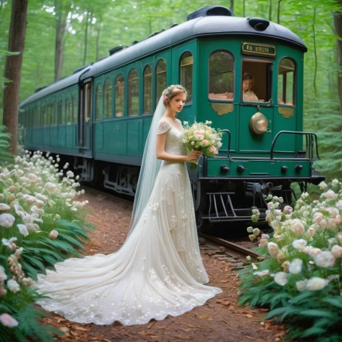 wedding dress train,wooden carriage,bridal car,wedding car,wedding photography,green train,bridal dress,wooden train,wedding photo,private railway,railway carriage,the selketal railway,wedding photographer,just married,wedding gown,passenger train,brocken railway,white rose on rail,blonde in wedding dress,train cemetery,Art,Classical Oil Painting,Classical Oil Painting 15