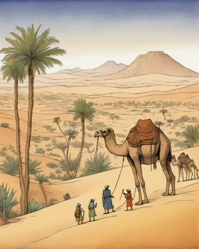 camel caravan,dromedaries,camel train,camels,libyan desert,two-humped camel,dromedary,camelride,arabian camel,desert landscape,desert desert landscape,merzouga,bedouin,camelid,desert background,camel,bactrian camel,desert safari,nomadic people,male camel,Illustration,Retro,Retro 22