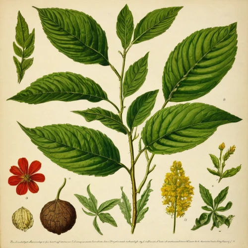 allspice,west indian jasmine,bay-leaf,medlar,morinda citrifolia,cherry laurel,castanea sativa,juglans nigra,geraniaceae,aesculus,actinidia deliciosa,camellia sasanqua,colutea arborescens,slippery elm,stevia rebaudiana,coloeus monedula,coccoloba uvifera,bay laurel,sutherlandia frutescens,illustration of the flowers,Art,Classical Oil Painting,Classical Oil Painting 24