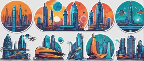 spaceships,space ships,surfboards,city cities,futuristic landscape,metropolises,airships,art deco background,futuristic architecture,sci fiction illustration,skateboard deck,skyscrapers,city skyline,cities,icon set,set of icons,colored pins,city blocks,quiver,sci fi,Unique,Design,Sticker