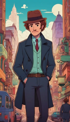 detective,dipper,hatter,business man,fedora,gunfighter,inspector,city trans,hotel man,gentlemanly,main character,stylish boy,frock coat,stetson,bellboy,cartoon doctor,cowboy,city ​​portrait,chinatown,game illustration,Illustration,Paper based,Paper Based 27