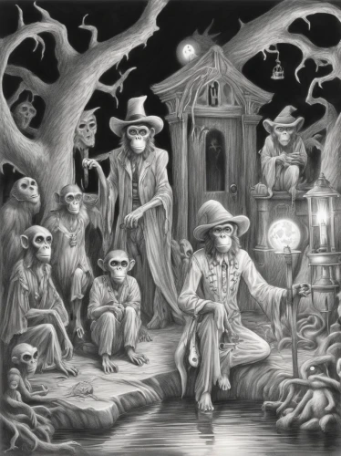 halloween illustration,scarecrows,halloween scene,witch house,halloween background,witch's house,monkey island,danse macabre,halloween poster,the haunted house,halloween ghosts,hatter,haunted house,celebration of witches,straw hats,nightshade family,halloween line art,children's background,fantasy picture,haunted castle,Illustration,Black and White,Black and White 30