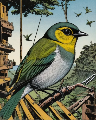 chestnut sided warbler,magnolia warbler,cape white-eye,common firecrest,japanese white-eye,townsend's warbler,yellow throated vireo,black throated green warbler,waxeye,golden crowned kinglet,broadbill,bird illustration,old world flycatcher,ovenbird,blackburnian warbler,hooded warbler,titmouse,pine warbler,tropical bird climber,song bird,Illustration,Black and White,Black and White 17