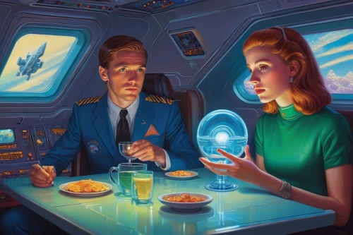 atomic age,passengers,retro diner,sci fiction illustration,ufo interior,diner,space tourism,breakfast on board of the iron,science-fiction,science fiction,dinner for two,ufos,dining,flight attendant,romantic dinner,lost in space,fallout shelter,stewardess,saucer,space travel,Illustration,Retro,Retro 16