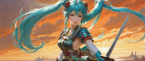 hatsune miku,vocaloid,miku,kos,aqua,ephedra,wind warrior,medusa,fantasia,elza,fantasy warrior,sultana,fantasy portrait,female warrior,amano,swordswoman,fantasy art,luka,cg artwork,sword lily,Art,Classical Oil Painting,Classical Oil Painting 42