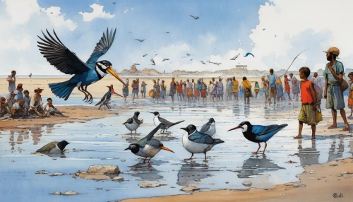 migratory birds,bird migration,migration,sea birds,the pied piper of hamelin,water birds,animal migration,migrate,birds in flight,gujarat birds,crested terns,birds of the sea,feathered race,storks,bird kingdom,migratory bird,bird painting,people on beach,small wading birds,wild birds,Illustration,Realistic Fantasy,Realistic Fantasy 06