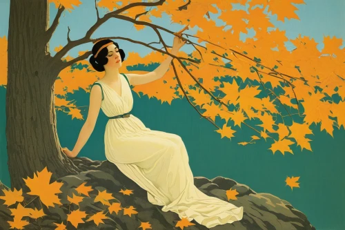 art deco woman,autumn idyll,girl with tree,osage orange,autumn icon,vintage illustration,the autumn,yellow leaves,autumn background,golden autumn,birch tree illustration,fall landscape,autumn frame,travel poster,yellow orange,autumn landscape,autumn leaves,autumn theme,autumn gold,indian summer,Illustration,Retro,Retro 15