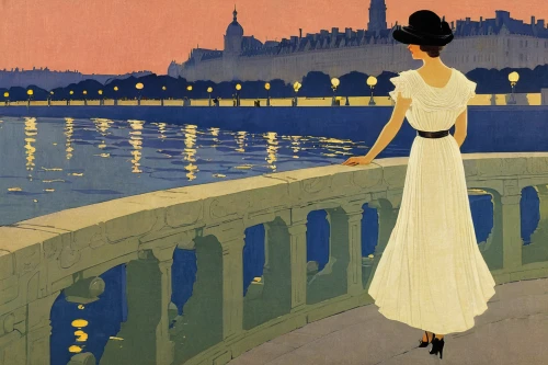orsay,girl on the river,art deco woman,olle gill,art deco,universal exhibition of paris,braque saint-germain,watercolor paris,promenade,travel poster,river seine,paris clip art,boulevard,girl on the boat,girl in a long dress,evening dress,woman with ice-cream,vintage illustration,watercolor paris balcony,la violetta,Illustration,Retro,Retro 15