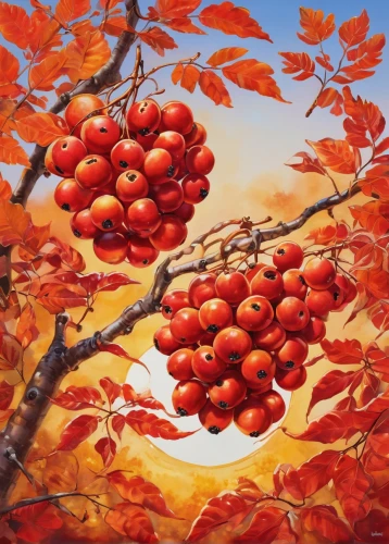 autumn fruit,rowan berries,seasonal autumn decoration,autumn fruits,autumn still life,autumn decoration,autumn landscape,autumn tree,rowanberry,rowan-tree,autumn background,fall landscape,rowan tree,mountain ash berries,rowan fruit,autumnal leaves,robert duncanson,bunches of rowan,crabapple,reddish autumn leaves,Illustration,Abstract Fantasy,Abstract Fantasy 13