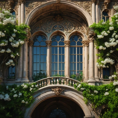 paris balcony,floral decorations,art nouveau,ornate,blooming wreath,rose wreath,bay window,french windows,wreath of flowers,floral wreath,highclere castle,floral ornament,gothic architecture,flower wreath,rose arch,garden door,green wreath,rosebushes,golden wreath,frame flora,Photography,General,Fantasy