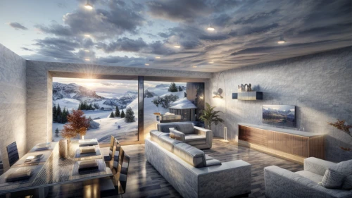 sky apartment,penthouse apartment,3d rendering,winter house,loft,render,cubic house,snowhotel,block balcony,roof terrace,skyscapers,snow roof,luxury home interior,snow house,ice hotel,dunes house,interior modern design,sky space concept,concrete ceiling,modern living room