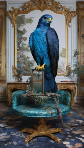 an ornamental bird,bird painting,blue parrot,blue peacock,blue bird,ornamental bird,decoration bird,hyacinth macaw,3d crow,raven sculpture,rococo,blue and gold macaw,bluebird perched,bluejay,prince of wales feathers,mazarine blue,peacock,raven bird,blue room,centrepiece,Photography,Fashion Photography,Fashion Photography 25