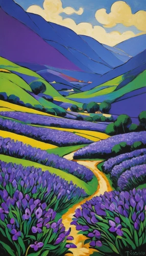 purple landscape,lavender fields,lavender field,tommie crocus,carol colman,lavenders,valensole,provence,the lavender flower,tulips field,lavender flowers,blooming field,brook landscape,salt meadow landscape,la violetta,tulip field,tulip fields,flower field,violet flowers,lavender cultivation,Art,Artistic Painting,Artistic Painting 05