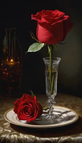 still life elegant,romantic rose,still life photography,oil painting on canvas,place setting,oil painting,still life,table setting,tabletop photography,romantic dinner,glass painting,tableware,table decoration,bibernell rose,red rose,still-life,tablescape,way of the roses,carol colman,rose arrangement,Illustration,Realistic Fantasy,Realistic Fantasy 22