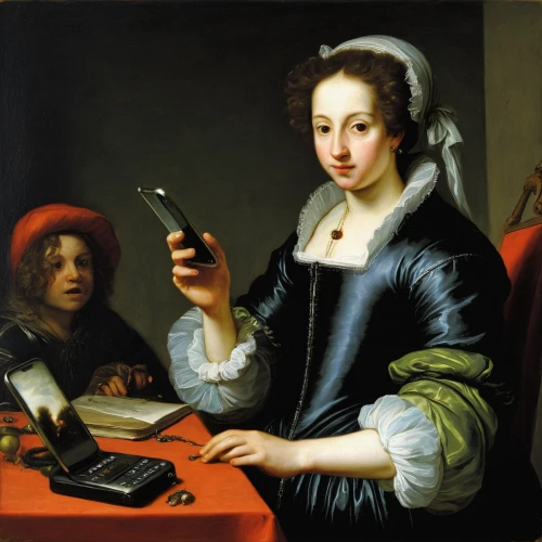 woman holding a smartphone,woman eating apple,girl at the computer,woman holding pie,women in technology,girl studying,portrait of a woman,portrait of a girl,mobile device,meticulous painting,woman drinking coffee,the tablet,reading magnifying glass,mobile banking,child with a book,woman playing,wireless device,texting,mobile payment,writing or drawing device,Art,Classical Oil Painting,Classical Oil Painting 26