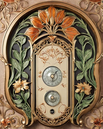 decorative plate,wall plate,art nouveau frame,decorative frame,floral ornament,art nouveau frames,corinthian order,art nouveau design,music box,art nouveau,cuckoo clock,circular ornament,armoire,decorative fan,ornate pocket watch,art deco ornament,bell plate,ceramic hob,vintage dishes,art deco frame,Illustration,Retro,Retro 13