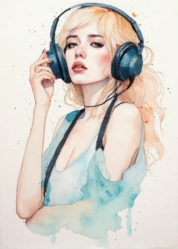 headphone,listening to music,headphones,music player,audiophile,headset,the blonde in the river,music,audio player,wireless headset,watercolor pin up,watercolor,watercolor painting,headsets,hearing,girl with speech bubble,watercolor women accessory,earphone,streaming,stream,Illustration,Paper based,Paper Based 19