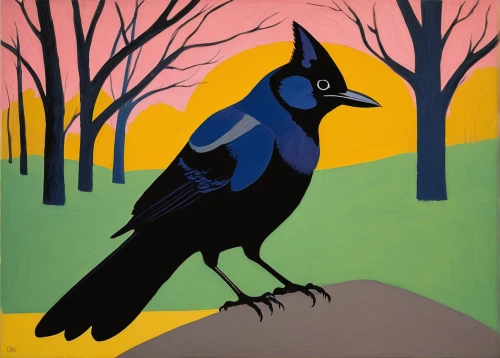 brewer's blackbird,magpie,grackle,black billed magpie,great-tailed grackle,new caledonian crow,currawong,bird painting,steller s jay,american crow,crow-like bird,arches raven,rusty blackbird,bluejay,raven bird,blue jay,crows bird,nocturnal bird,boat tailed grackle,corvid,Art,Artistic Painting,Artistic Painting 09