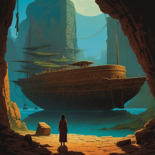 sci fiction illustration,shipwreck,ship wreck,ship travel,boat landscape,monkey island,voyage,ancient city,adrift,docked,old ship,the wanderer,caravel,sea fantasy,the vessel,ship of the line,galleon ship,imperial shores,galleon,digital nomads,Conceptual Art,Sci-Fi,Sci-Fi 17