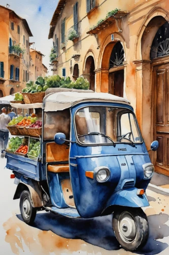 piaggio ape,italian painter,piaggio,piaggio ciao,watercolor shops,watercolor painting,sicilian cuisine,fiat 600,watercolor,tuscan,cinquecento,mediterranean cuisine,watercolor pencils,fiat fiorino,watercolor background,sicily,trastevere,coffee watercolor,italian style,blue pushcart,Illustration,Paper based,Paper Based 24