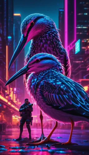 cyberpunk,flamingo couple,flamingo,80s,bird couple,avian,80's design,flamingos,bird kingdom,city pigeon,two flamingo,dusk,aesthetic,pink flamingos,tropical birds,birds of prey-night,colorful birds,dusk background,pink flamingo,futuristic,Conceptual Art,Sci-Fi,Sci-Fi 26