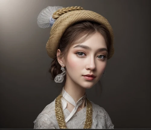 asian conical hat,japanese woman,oriental girl,beret,geisha,asian woman,girl portrait,geisha girl,eurasian,victorian lady,portrait of a girl,indonesian women,vintage woman,girl with a pearl earring,portrait background,cosmetic brush,girl wearing hat,vietnamese woman,beautiful bonnet,fantasy portrait,Common,Common,Natural