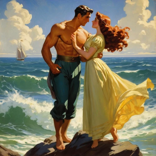 the sea maid,young couple,the wind from the sea,romantic scene,romantic portrait,man at the sea,amorous,emile vernon,seafaring,honeymoon,romance novel,vintage man and woman,vintage boy and girl,vintage art,man and wife,sea breeze,sailors,el mar,at sea,man and woman,Illustration,Retro,Retro 09
