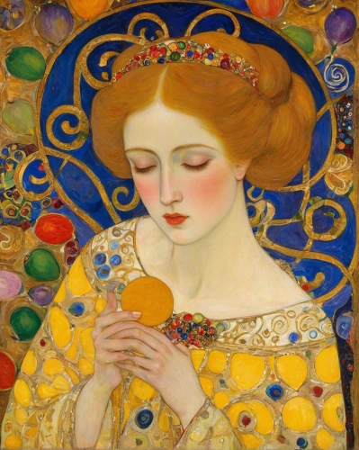 woman with ice-cream,woman eating apple,woman holding pie,girl with bread-and-butter,art nouveau,bellini,woman drinking coffee,orange blossom,girl with cereal bowl,orangina,woman holding a smartphone,girl picking apples,kumquat,golden apple,marigold,mucha,the flute,madeleine,apricot,satsuma,Art,Artistic Painting,Artistic Painting 32