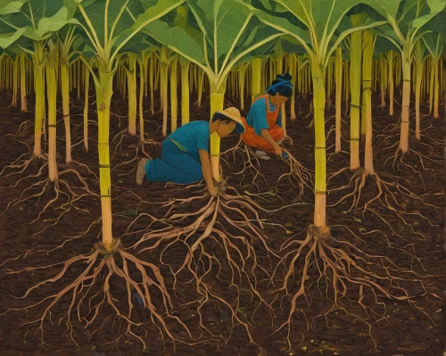 field cultivation,root crop,cultivation,planting,forest workers,sweet potato farming,farmworker,furrows,cultivating,farm workers,plantation,cereal cultivation,crop plant,cash crop,the roots of the mangrove trees,vegetables landscape,irrigation,sowing,agriculture,farming,Conceptual Art,Oil color,Oil Color 16