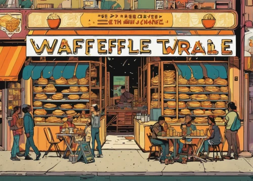 waffle,waffles,waffle iron,belgian waffle,liege waffle,wafer,wafers,market trade,waffle hearts,new york restaurant,cover,grocer,record store,breakfast table,large market,cd cover,storefront,store fronts,vintage illustration,trademarks,Illustration,Vector,Vector 03