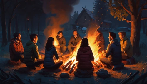 campfire,campfires,camp fire,bonfire,the night of kupala,villagers,fire bowl,fireside,log fire,carolers,scouts,celebration of witches,druids,campers,firepit,walpurgis night,campsite,carol singers,boy scouts,november fire,Illustration,Realistic Fantasy,Realistic Fantasy 28