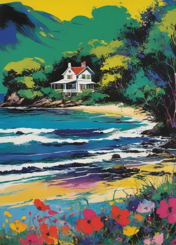 summer cottage,cottage,house by the water,beach landscape,coastal landscape,home landscape,beach house,seaside country,fisherman's house,house painting,cottages,seaside resort,holiday home,beach hut,summer house,kauai,bungalow,beach huts,jamaica,house with lake,Conceptual Art,Graffiti Art,Graffiti Art 06