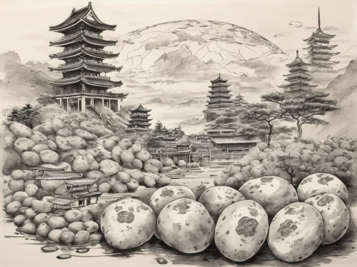 daikon,chinese art,oriental painting,background with stones,cool woodblock images,japanese art,quail eggs,charcoal nest,game illustration,rice ball,zongzi,chinese background,tangyuan,vegetables landscape,dimsum,dim sum,japanese background,spring festival,oriental,apple mountain,Illustration,Paper based,Paper Based 30