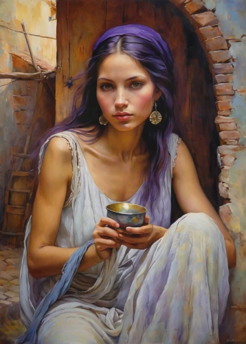 woman at cafe,woman drinking coffee,oil painting,mystical portrait of a girl,young woman,la violetta,woman thinking,girl with cereal bowl,gypsy soul,oil painting on canvas,ancient egyptian girl,girl with cloth,relaxed young girl,young girl,girl in cloth,girl with bread-and-butter,romantic portrait,italian painter,boho art,woman sitting,Illustration,Realistic Fantasy,Realistic Fantasy 30