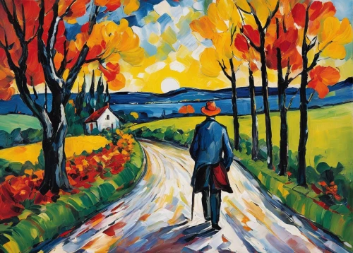 autumn landscape,woman walking,autumn walk,fall landscape,david bates,pedestrian,the autumn,pathway,one autumn afternoon,a pedestrian,walking man,autumn idyll,autumn day,rural landscape,late autumn,autumn chores,autumnal,tree lined lane,autumn scenery,man with umbrella,Art,Artistic Painting,Artistic Painting 37