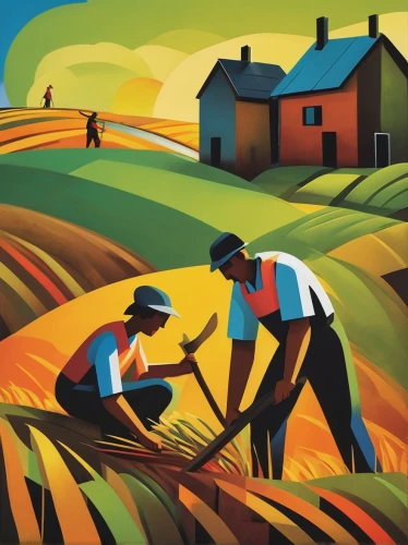 farm workers,farmworker,agriculture,farmers,agricultural use,agricultural,grant wood,field cultivation,agroculture,workers,forced labour,threshing,farmer,farming,aggriculture,farm landscape,forest workers,cereal cultivation,paddy harvest,grain harvest,Art,Artistic Painting,Artistic Painting 34
