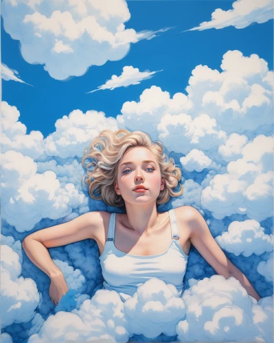 girl lying on the grass,marilyn monroe,cumulus,sky,clouds - sky,cumulus cloud,woman laying down,blue sky clouds,white cloud,azure,cloud image,marilyn,cloud,cumulus clouds,blue sky and clouds,marylyn monroe - female,blue sky and white clouds,blue pillow,cumulus nimbus,oil painting on canvas,Illustration,Paper based,Paper Based 01