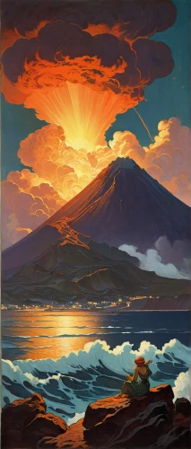 kamchatka,volcanic landscape,mountain sunrise,fuji,coastal landscape,volcano,stratovolcano,volcanos,coast sunset,mount fuji,molokai,volcanoes,fuji mountain,volcanism,stromboli,beach landscape,lava,atmosphere sunrise sunrise,volcanic,mt fuji,Illustration,Retro,Retro 03