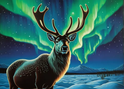 glowing antlers,elk,deer illustration,winter deer,caribou,stag,christmas deer,pere davids deer,reindeer polar,red deer,manchurian stag,cervus elaphus,european deer,barren ground caribou,norther lights,aurora polar,male deer,raindeer,reindeer,the northern lights,Art,Artistic Painting,Artistic Painting 06