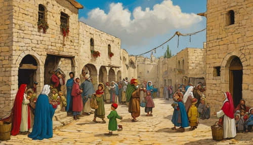 genesis land in jerusalem,bethlehem,jerusalem,western wall,church painting,caravanserai,pilgrims,medieval market,trumpet of jericho,street scene,medieval street,the market,village scene,wailing wall,mitzvah,way of the cross,torah,palm sunday,procession,in madaba,Illustration,Black and White,Black and White 26