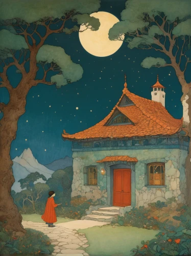mid-autumn festival,chinese art,oriental painting,luo han guo,night scene,yunnan,han thom,xing yi quan,janome chow,khokhloma painting,moonlit night,buddhists monks,children's fairy tale,cool woodblock images,studio ghibli,ancient house,chinese pastoral cat,home landscape,chinese temple,tong sui,Illustration,Retro,Retro 17