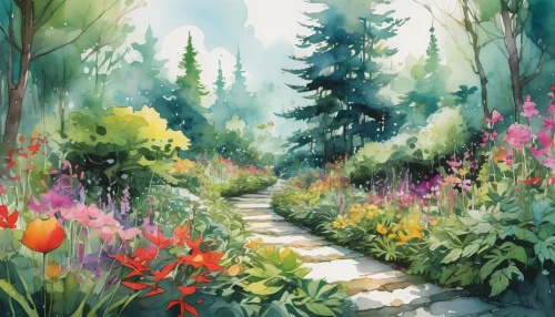 watercolor background,pathway,forest path,flower garden,springtime background,tunnel of plants,meadow in pastel,hiking path,fairy forest,to the garden,flower painting,summer border,spring background,wooden path,nature garden,flower field,forest glade,the path,fairy world,summer meadow,Illustration,Paper based,Paper Based 07