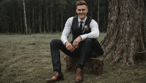 men's suit,gentlemanly,lincoln blackwood,slender,perched on a log,formal guy,male model,matti suuronen,farmer in the woods,suit trousers,wstężyk huntsman,forest man,in seated position,nature and man,wedding suit,spruce shoot,marten,suit actor,scandinavian style,men's wear,Conceptual Art,Fantasy,Fantasy 33