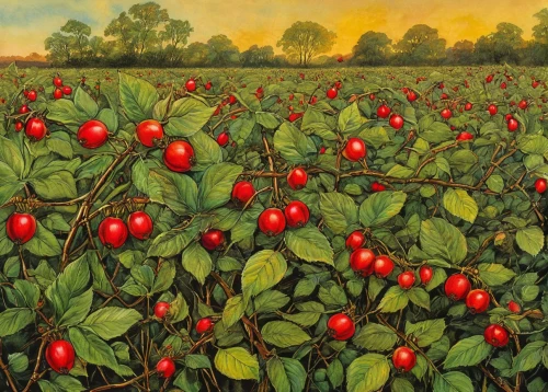 fruit fields,tulips field,red apples,red berries,buffaloberries,red tulips,red raspberries,rowanberries,vegetables landscape,tulip field,field of cereals,strawberry tree,wild strawberries,cultivated field,cranberries,strawberries,crop plant,red green,poppy field,watermelon painting,Illustration,Retro,Retro 06