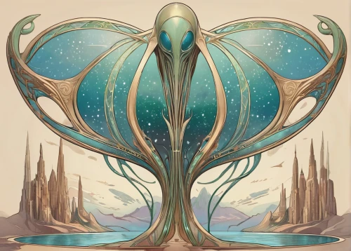 cuthulu,art nouveau design,water-the sword lily,merfolk,art nouveau,water lotus,deep sea nautilus,cnidaria,flourishing tree,nautilus,water creature,fantasia,the vessel,apiarium,celtic tree,anahata,art nouveau frame,lotus stone,astral traveler,mirror of souls,Illustration,Retro,Retro 08