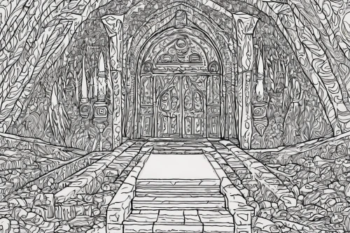 doorway,dungeon,crypt,hall of the fallen,cave church,cellar,stone drawing,dungeons,vaulted cellar,grotto,portal,creepy doorway,the threshold of the house,the door,chamber,coloring page,entry,archway,ruin,church door,Illustration,Children,Children 06